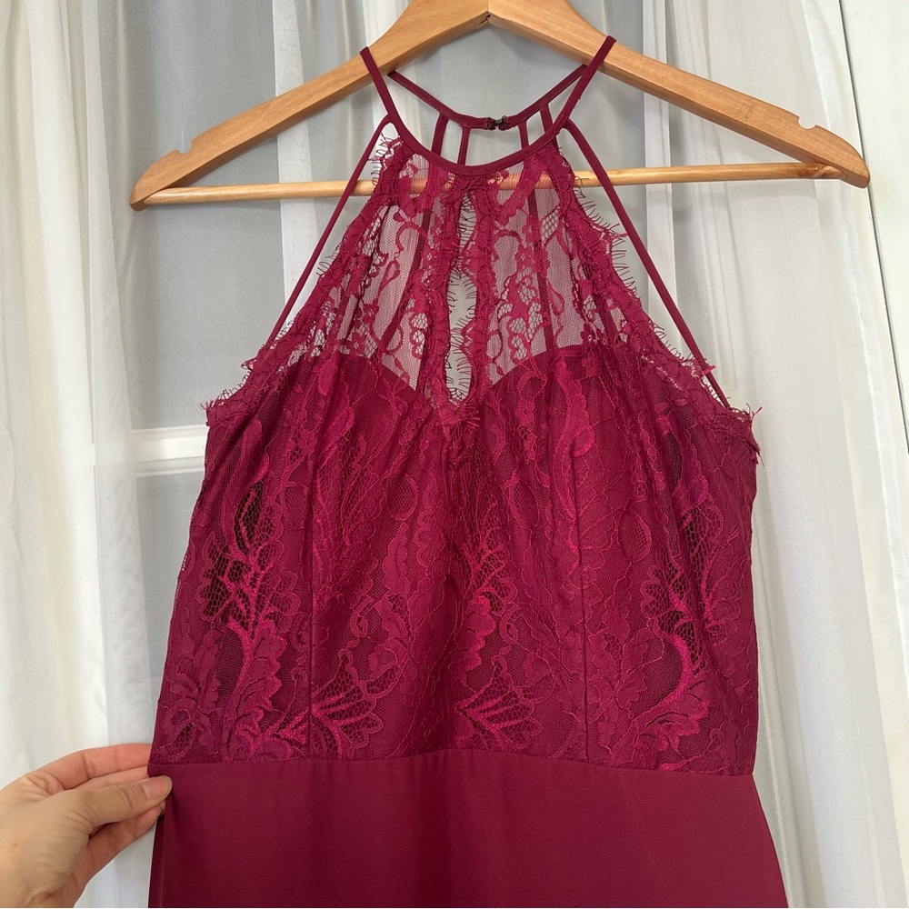 Hayley Paige Burgundy Halter Keyhole Lace Dress - Picture 5 of 12